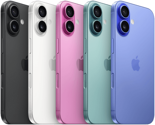 iPhone 16, Rückseite, erhöhtes fortschrittliches Zwei-Kamera-System, Apple Logo in der Mitte, alle fünf Farben, Schwarz, Weiß, Pink, Blaugrün, Ultramarin