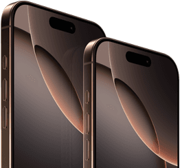 6,9" iPhone 16 Pro Max und 6,3" iPhone 16 Pro, Vorderseite, Actiontaste, Lautstärketasten, Dynamic Island oben in der Mitte