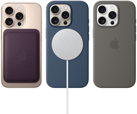 Drei iPhone 16 Pro Geräte, Rückseite, mit verbundenem MagSafe Zubehör: iPhone Feingewebe MagSafe Wallet, MagSafe Ladegerät und iPhone Silikon Case mit MagSafe