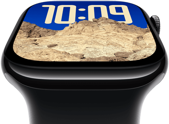 Das Display der Apple Watch Series 10 neigt sich zurück, um den größeren Displaybereich hervorzuheben.