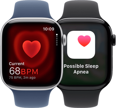 Die Herzfrequenz App mit einer aktuellen Messung von 68 BPM und eine Schlafapnoe Mitteilung auf zwei separaten Apple Watch Series 10 Geräten.