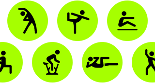 Training App-Aktivitäten, inklusive Rollstuhl, Yoga, Rudergerät, Funktionelles Krafttraining, Basketball, Radfahren indoor und Core Training, dargestellt durch Symbole