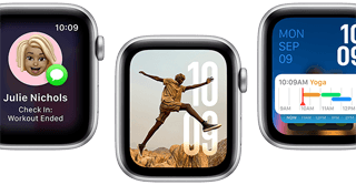 Übersetzen App, Wegbegleitung App, Fotos Zifferblatt, Modular Zifferblatt und Vitalzeichen App auf fünf Apple Watch SE Geräten