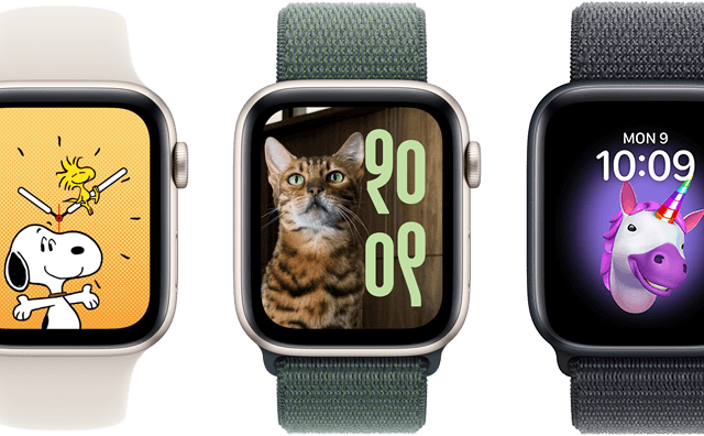 Zifferblatt Optionen, inklusive Memoji, Fotos, Porträts und Snoopy, auf sechs Apple Watch Geräten