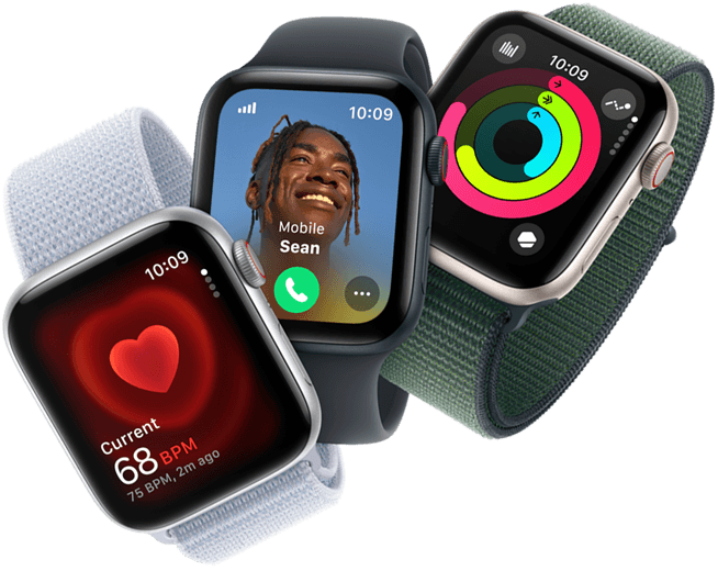 Herzfrequenzmesser, eingehender Anruf und Aktivitätsringe auf drei Apple Watch Geräten