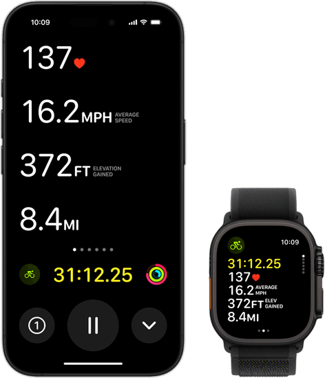 Live Aktivität zeigt die Radfahrdaten einer Person sowohl auf ihrer Ultra 2 als auch auf ihrem iPhone