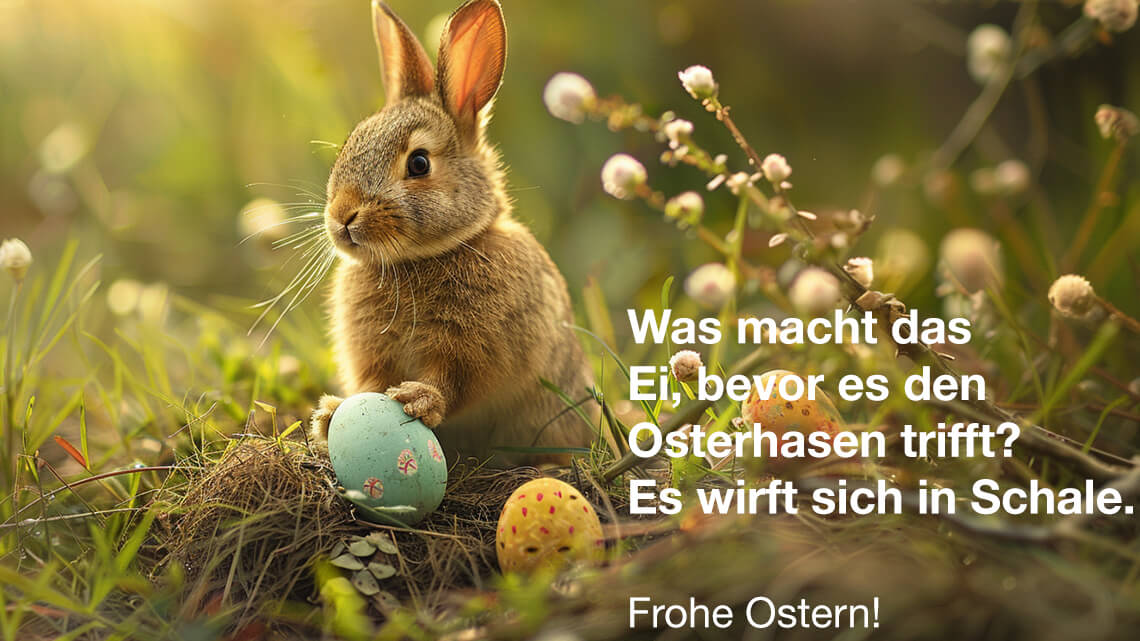 Hase in einer Wiese stützt sich mit den Pfoten auf ein buntes Osterei, rechts von ihm steht ein Spruch und darunter