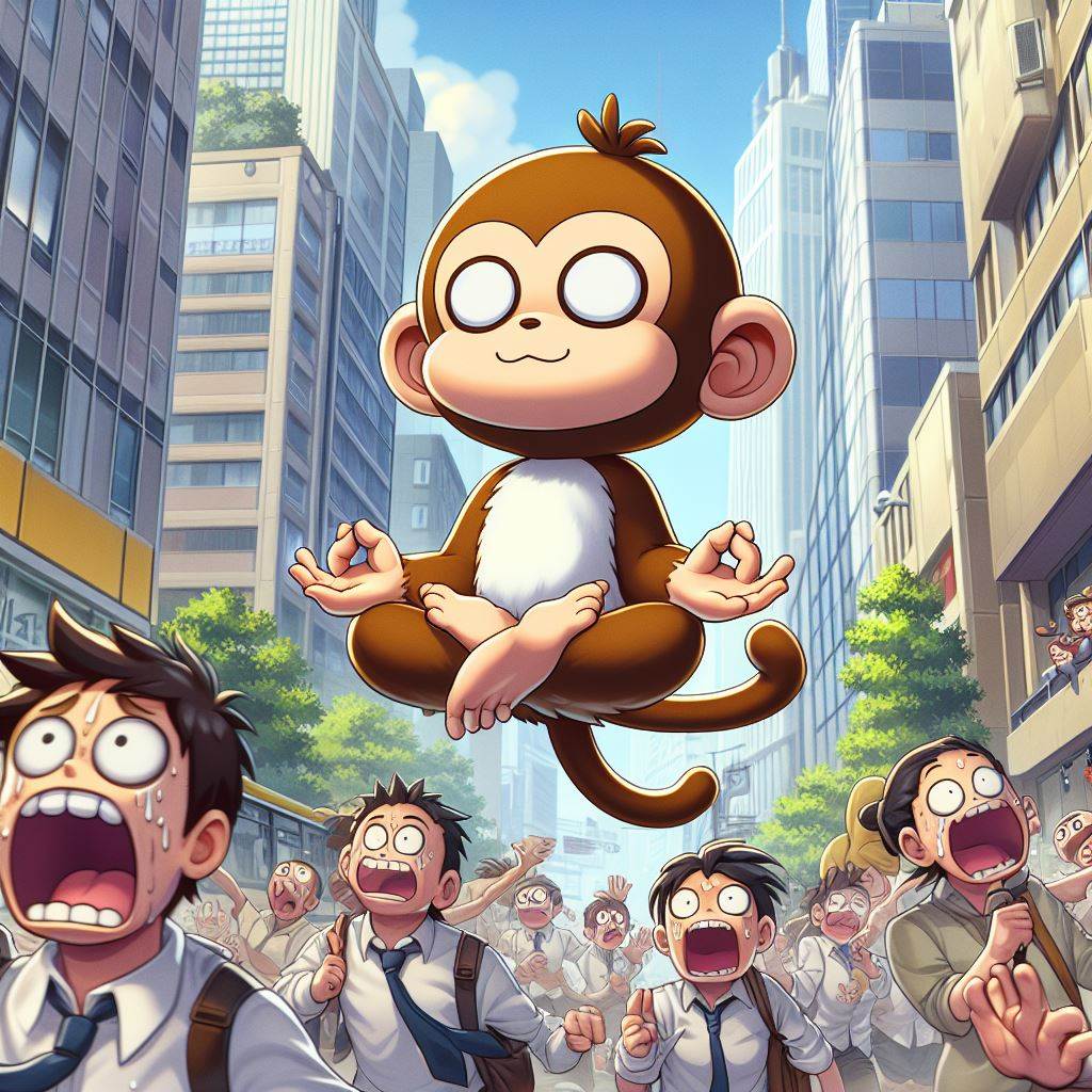 KI-Bild mit schwebendem Affen im Yogasitz im Comicstil