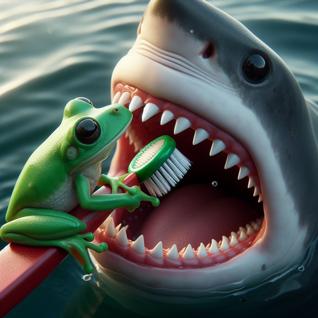 KI-Bild mit Frosch, der einem Hai die Zähne mit einer Zahnbürste putzt
